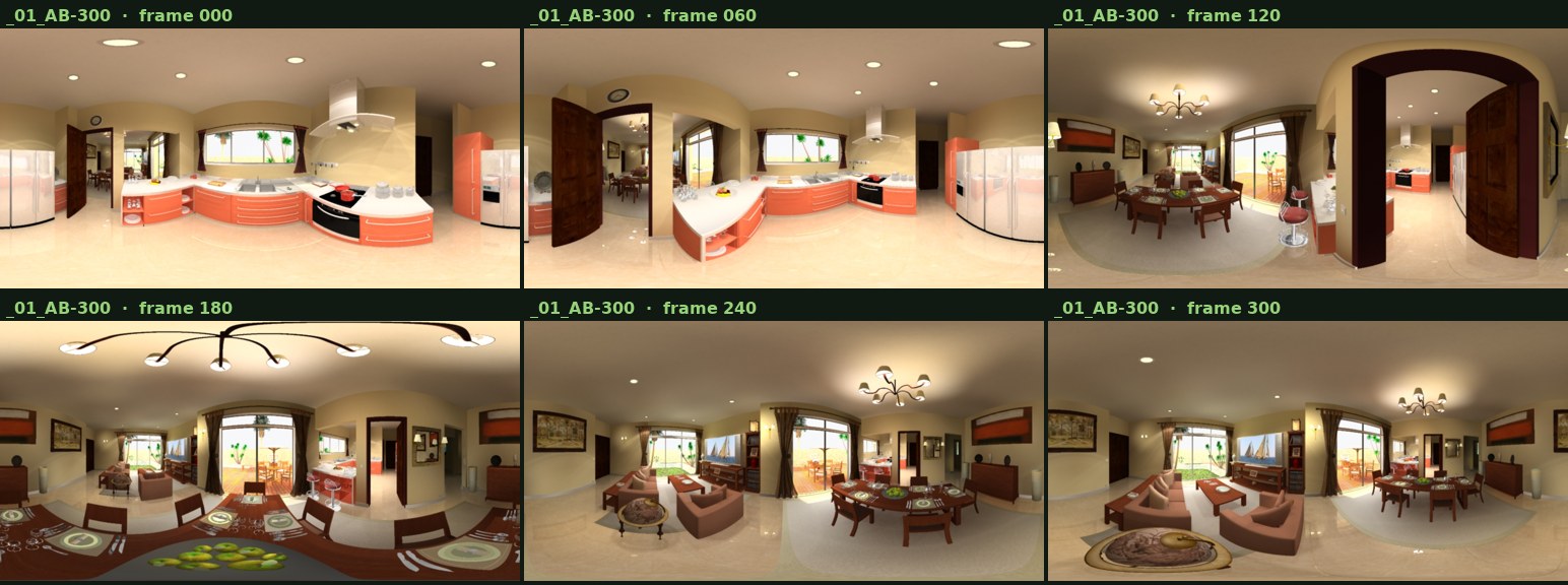 Six of the 300 frames of _01_AB-300: house 01, from room A to room B. Each frame is a full 360° image.
