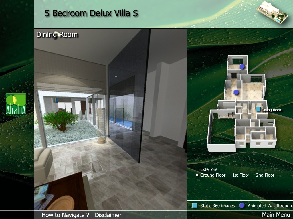 The final interface: the room view on the left, the villa plan with its camera points on the right.