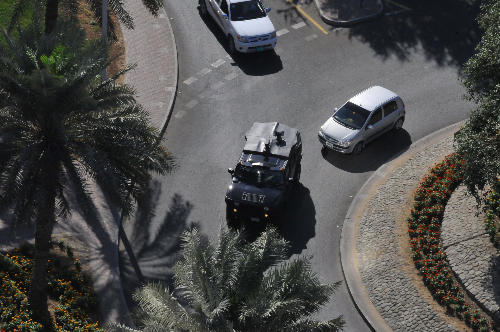 On the road in Dubai, seen from above.