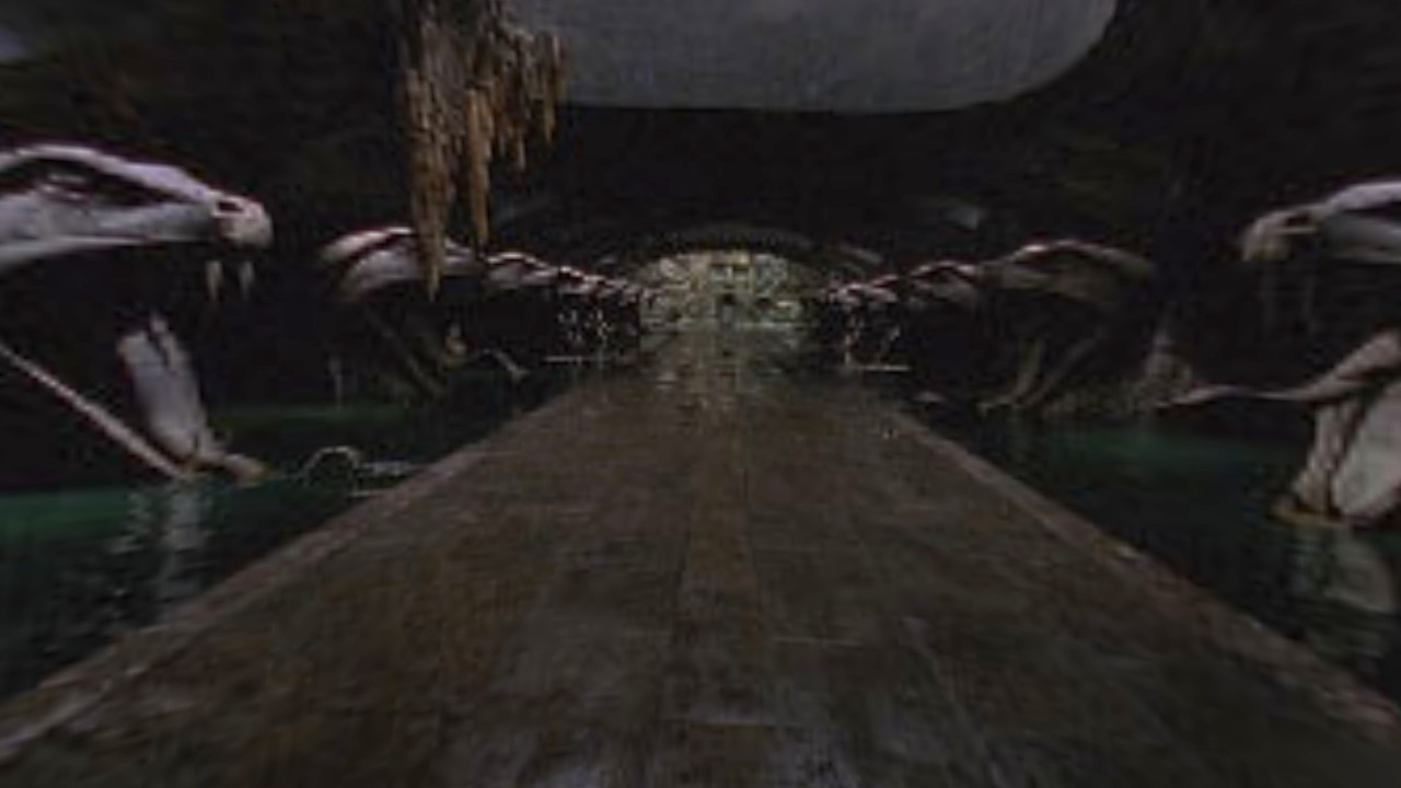 Frame 100, dewarped: the walkway and the serpent heads as a normal view.