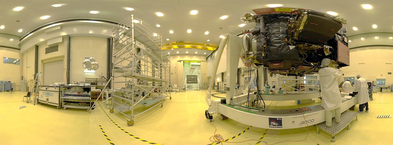 Rosetta in its clean room in Kourou, 16 October 2002. The trolley carries its name.