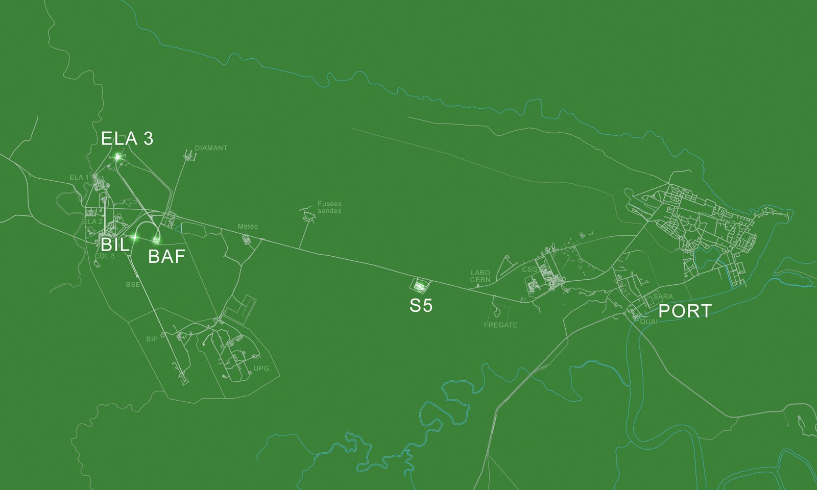 The space centre as drawn for the 2004 disc: ELA-3, BIL and BAF on the left, S5 in the middle, the port on the right.