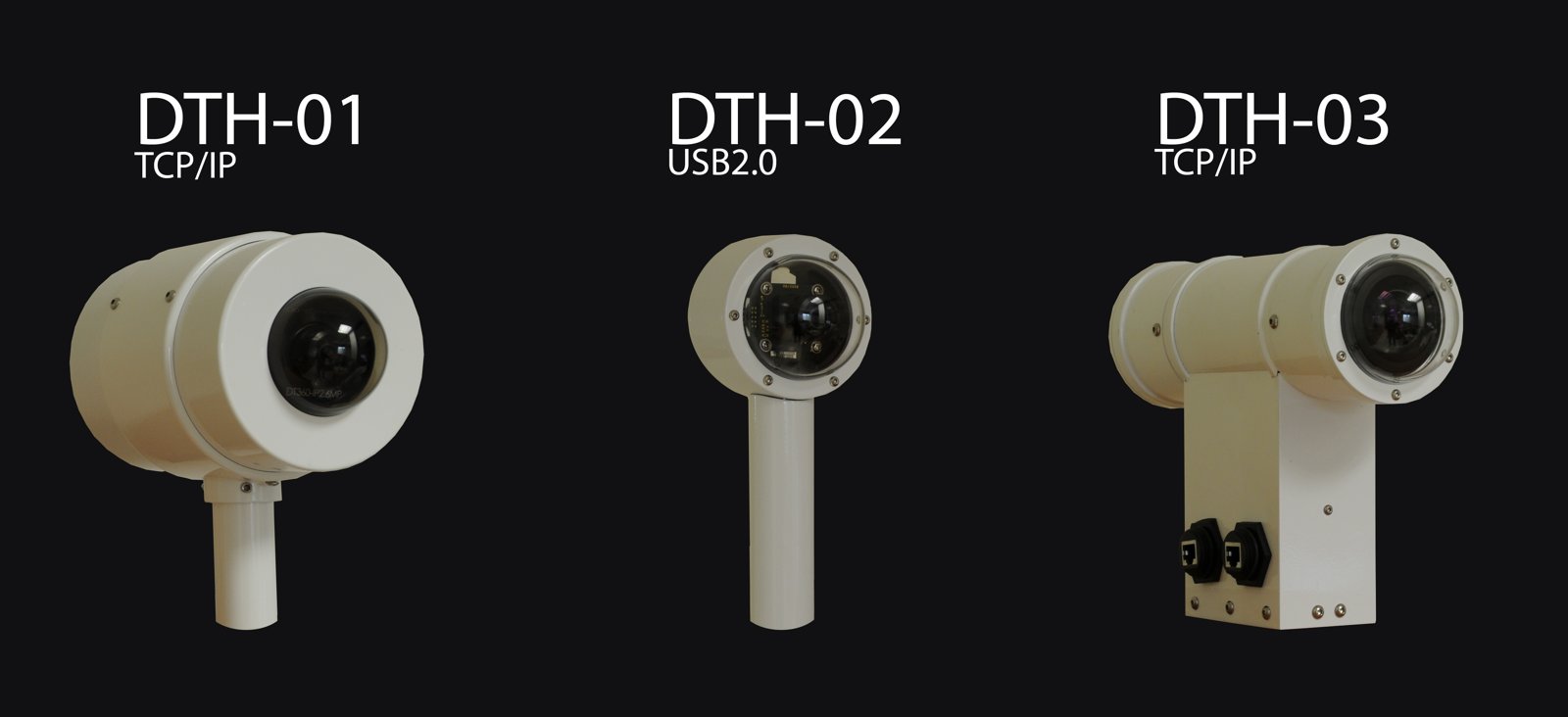 The prototype family: DTH-01 (TCP/IP), DTH-02 (USB 2.0), DTH-03 (TCP/IP).